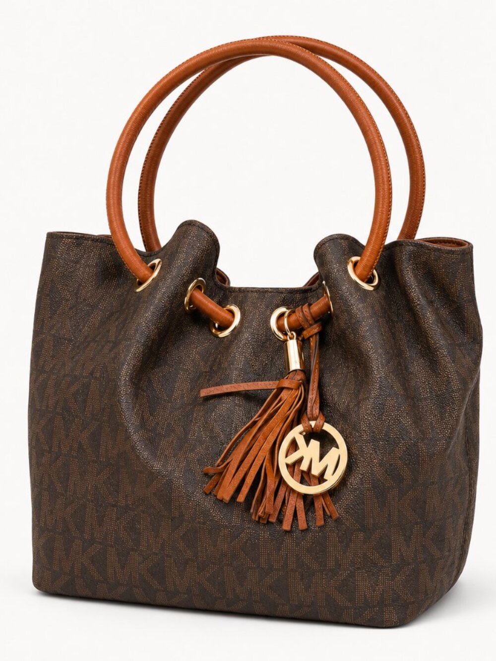 Michael Kors Brown MK Signature Monogram Ring Handle Tassel Tote Bag